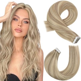 Moresoo Tape-In Real Hair Extensions, Invisible, Golden Blonde with Medium Blonde #P16/22, 35 cm, 20 Pieces, 50 g