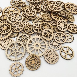 FONGKNOX 50 Pcs Wooden Gear Wheels Decoration Unfinished Wood Cutouts Hollow Wooden Gears Shape Cutouts Blank Wooden Slices for Home Wall Bar Decor Art Craft
