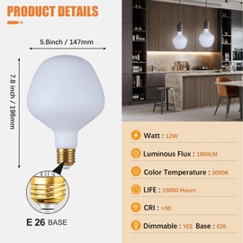 SD LUX Oversized Decorative LED Light Bulbs 12W 1800LM (Eqi. 150W) Dimmable Vintage Edison Bulbs E26 Large Globe Bulb Milky Glass for Home Office,Warm White, 1 Pack (Warm White (3000K), VA132WT)