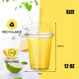 NUZEKY Plastic Smoothie Cups with Dome Lids 12oz Clear PET Cups for Milkshakes, Smoothies, Iced Coffee, Strong Reusable Drinking Cups, Pack of 50