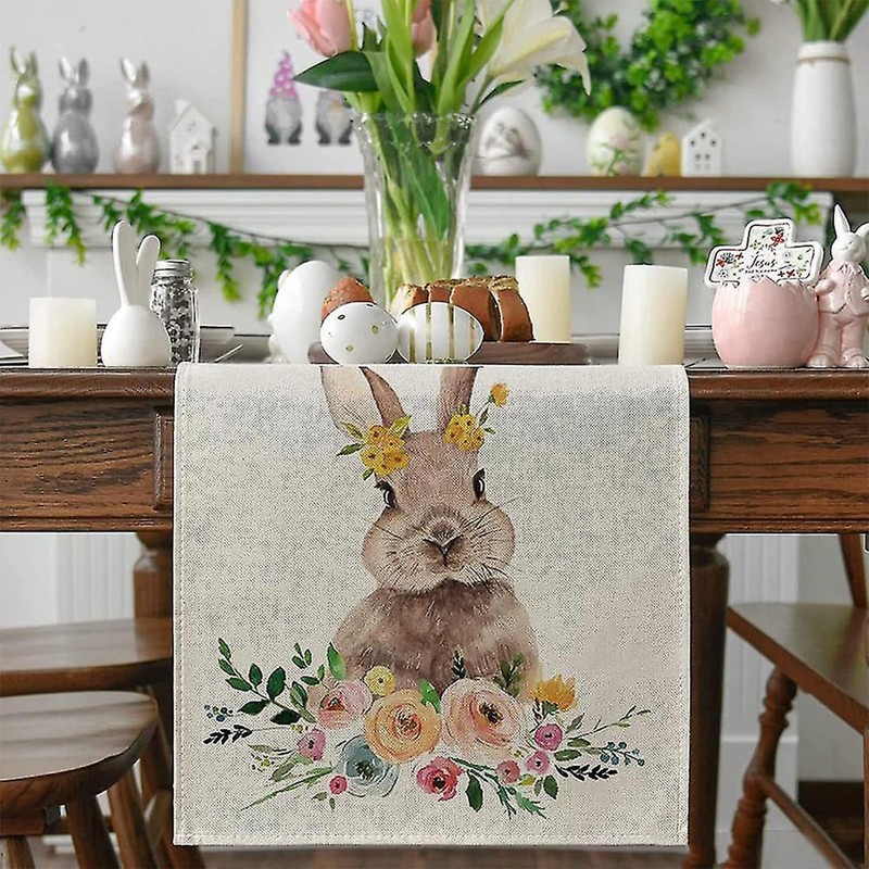 Happy Easter Bunny Table Runner, Spring Seasona Linen Easter Tablecloth