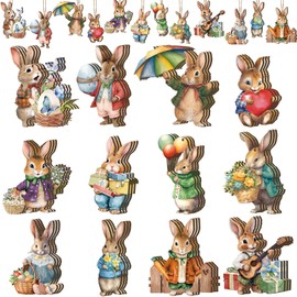 Huwena 36 Pcs Easter Wooden Bunny Ornaments Spring Tree Hanging Ornaments Happy Easter Bunny Ornament Rustic Spring Wood Cutouts Farmhouse Hanging Ornament with Rope for Home Kitchen Easter Party