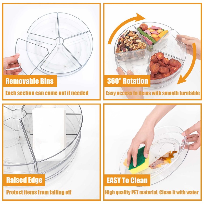Roninkier Clear Lazy-Susan Organizer with 5-Removable-Bins - 11 Inch Round