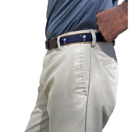 Charleston Belt – South Carolina Flag Belt for Men | Crescent Moon & Palmetto Tree | Genuine Leather & Cotton Web Embroidery | Casual Preppy Golf & Dress Accessory (Navy Blue/White/Tan, 42)