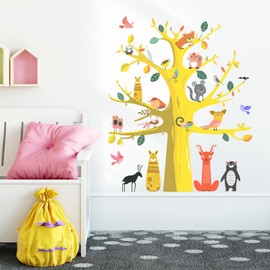 SHUCHING Yellow Animal Tree Wall Decals Peel and Stick, Raccoon Birds Deer Wall Stickers, Wall Décor Art for Kids Nursery Living Room Bedroom Playroom