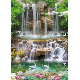 BELECO 3x5ft Fabric Forest Park Waterfall Backdrop Picturesque Swan Lake Lotus Pond Green Trees Scenery Photography Background Wallpaper Spring Summer Holiday Travel Portrait Photoshoot Props