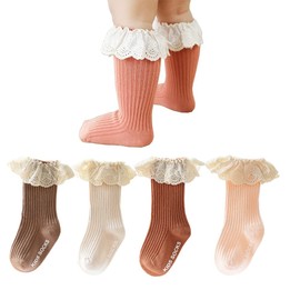 HXQLXGT 4 Pairs Spanish NewBorn Baby Girl Socks Cotton Knee High Stockings Lace-Tirmmed Ruffled Cute Princess Socks (1-3 Years, 4 Colors Set)