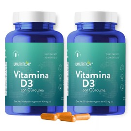 Liv Nutrition | Vitamina D3 Suplemento alimenticio a base de Cúrcuma, Vitamina D3 y Estearato de magnesio con 60 Cápsulas de 400 mg | Pack 2 frascos con 30 capsulas cada uno | 2 meses de rendimiento | 100% Natural, Vegano y Sin gluten | Suplemento Alimenticio