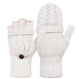 Beurlike Winter Fingerless Gloves Mittens for Women Men Warm Wool Knitted Convertible Flip Top Mittens Cold Weather(White)