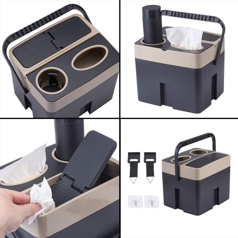 ATMOMO Beige Multi-function Storage Bucket Organizer Car Trash Can Cup