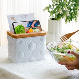 HOME PALETTE Recipe Box with Cards and Dividers Set 4x6 Recipe Holder for Kitchen Counter Metal White Hexagon Stripe Pattern Embossed Recipe Card Box with Wooden Grooved Lid