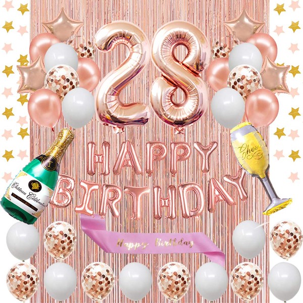 Fancypartyshop 28th Birthday Decorations - Rose Gold Happy Birthday Banner and Sash with Number 28 Balloons Latex Confetti balloons Ideal for Girl and Women 28 Years Old Birthday Rose Gold