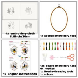 ORIGACH Embroidery Set for Beginners, 4 Pieces Funny Black Cat Embroidery Set Adult Embroidery Set with Instructions, Colour Threads, Embroidery Hoop and Tools