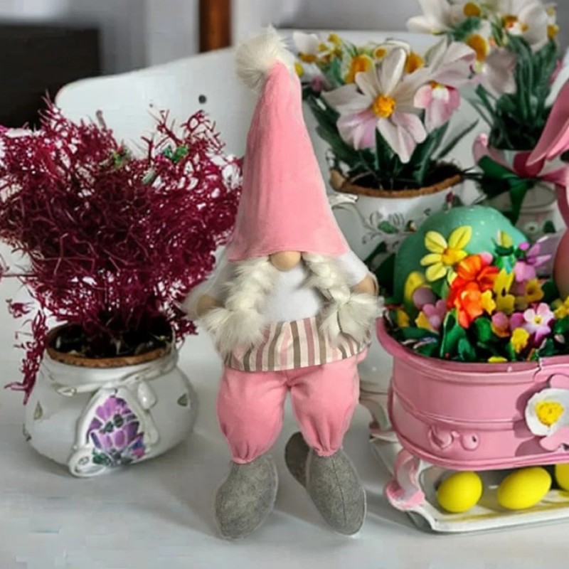 Homeroots 30" Pink and White Fabric Christmas Standing Gnome Tabletop