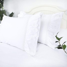 Ruffled Pillow Shams Eyelet Lace Queen White Shabby Chic Farmhouse Set of 2 Pillowcases Cotton Pretty Elegant Country French Cottage Embroidered Floral Victorian Crochet Trim 20x30