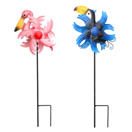 XMSW Handicrafts Wind Spinner 7.3 Inch Garden Set of 2 Wind Spinners Decor Iron Craft Animal Windmill for Outdoor Metal Garden Yard Stakes (Toucan&Flamingo)