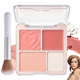 Peach Pink Blush & Highlighter Palette - 4 Colours Highly Pigmented Make Up Palette with Blush Powder, Matt Highlighter Powder and Cream Blush - Buildable Blendable Rouge Palette with Brush for Women