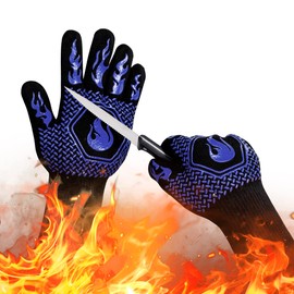 BBQ Fireproof Gloves, Grill Cut-Resistant Gloves 1472°F Heat Resistant Gloves, Non-Slip Silicone Oven Gloves, Kitchen Safe Cooking Gloves for Oven Mitts,Barbecue,Cooking, Frying,13.5 Inch-Blue