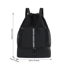 Valleycomfy Drawstring Gym Bag Sports Backpack With Shoe Compartment and Reflective Strips Black
