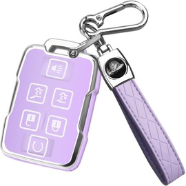 QBUC for Chevy Key Fob Cover,Soft TPU Car Key Case Protector with Leather Keychain Compatible with Chevy Silverado 1500 2500HD 3500HD Tahoe Suburban Colorado Canyon GMC Sierra Yukon smart key(Purple)