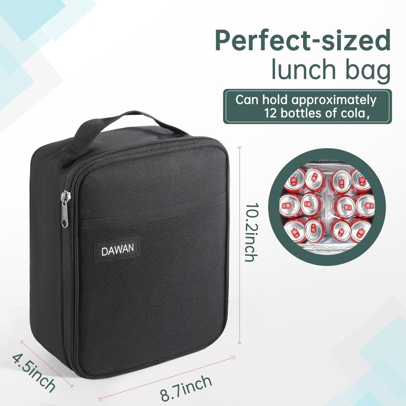 DAWAN freezable Insulated lunch bag,Built in detachable ice pack, Black,