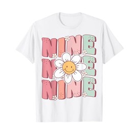 Cute Groovy 9th Birthday Party Daisy Flower Nine Year Old T-Shirt