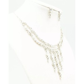 DESIGNER INSPIRED 18 in CLEAR CRYSTAL SILVER NECKLACE EARRINGS JEWELRY SET NEW