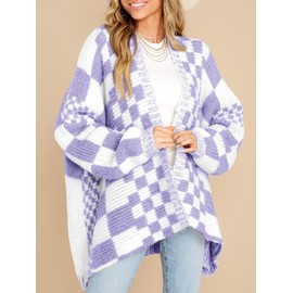 Saodimallsu Womens Checkered Sweater Color Block Plaid Cardigans Oversized Long Sleeve Knit Open Front Coats Purple