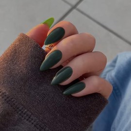 Dark Green Press on Nails Medium Stiletto Almond,KQueenest Pure Color Acrylic Nails Kit Reusable Fake Nails Christmas with Feature Protective UV Coating for Women Nail Art Manicure in 24PCS