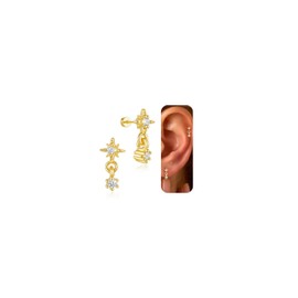 GUOKE Flat Back Earrings, 14K Gold Plated Dangle Helix Cartilage Earrings for Women Dainty Polaris Minimalist 20G 6mm Post Hypoallergenic Screwback Jewelry Gift, 2 Pcs