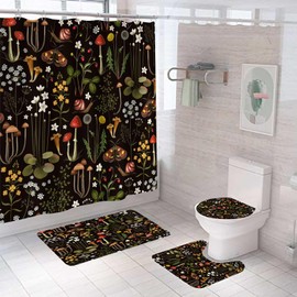 Emwnodti 4Pcs Retro Mushroom Bathroom Accessory Sets with Shower Curtain and Rugs, Fairy Forest Flowers Plants on Black Background Shower Curtains with Non-Slip Rugs Toilet Lid Cover Bath Mat 72 x 72