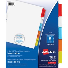Avery Big Tab Insertable Extra Wide Dividers for 3 Ring Binders, 9" x 11", 5 tabs, Multi-Colour, 1 Set(11220)