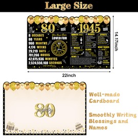Guiruiy Large 80th Birthday Cards With Envelope for Men Women, Black Gold Vintage 1945 80th Birthday Signature Guestbook Gifts Party Supplies, Back in 1945 Giant 80 Years Old Birthday Greeting Card