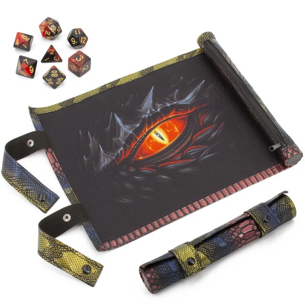 CASEMATIX Dice Rolling Tray and Dice Mat With 7 Included Roleplaying Dice Compatible With Dungeons and Dragons & D&D - Scroll Rolling Tray and Travel Dice Holder for Storing up to 14 Game Dice