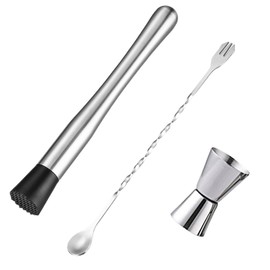Stainless Steel Shaker Set,with Cocktail Crushed Popsicle Mixing Stick Muddler Stirring Spoon and 10/30ml Double-Ended Measuring Cup 3in1 Home Bar Tools Set