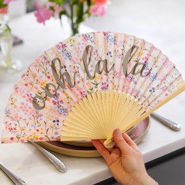 Talking Tables Foldable Folding Handheld Hand Fan Ditsy Floral Print and Reads ‘Ooh la’ in Calligraphy Text. Lightweight Bamboo.| Packed in Organza Bag |Designed in UK