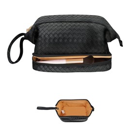 NGIL Faux Leather Cosmetic Bag for Women, Makeup Bag Organizer, Makeup Brush Storage, Portable Travel Bag for Toiletries (Woven, Black, Medium)