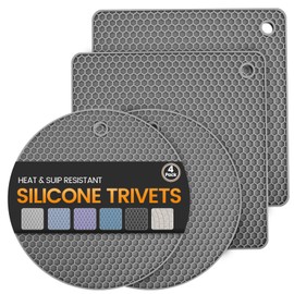 Silicone Trivet Mats 4 Heat Resistant Pot Holders Multipurpose Non-Slip Hot Pads for Kitchen Potholders, Drying mat, Jar Opener, Spoon Holder, Coaster.(Dark Grey)