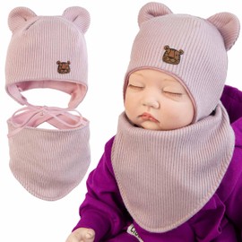 CiuchCiuch Tiger Hat and Neckerchief - Double Set - For Babies and Toddlers - For Girls and Boys - 97% Cotton, 3% Elastane - For Autumn and Spring, pink