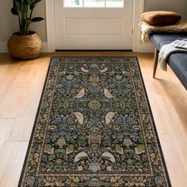 Large Entryway Rugs Indoor - 3x5 Washable Rugs for Kitchen Bedroom Beside Bed Door Mat Indoor Entrance with Moody Woodland Flowers, Non Slip Stain Resistant Low Pile