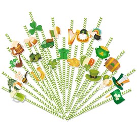 48Pcs St. Patrick's Day Drinking Straws with Decorative Cards Lucky Shamrock Hat Beverage Cocktail for Irish Holiday Party Supplies