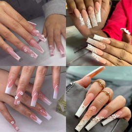 ITPOYOL 3D Flower Nail Art Charms White Black Nail Charms for Acrylic Nails Gold Silver Pearls Nail Supplies Rhinestones Spring Blossom Gems Nail Accessories for Women DIY Nail Decorations Design