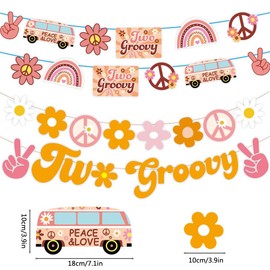 Groovy Hippie Boho Banner,4 Pcs TWO GROOVY Flag Bunting,Colorful Birthday Bunting With Daisy Peace Bus For Kids Boys Girls Wall Patio Nursery Home Room Garden Decor