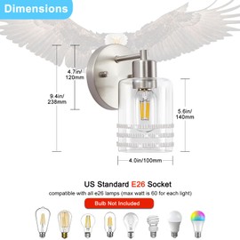 YYT Bathroom Wall Sconces 1-Light Brushed Nickel Wall Sconce Bathroom Sconces Modern Light Fixtures Scones Lighting with Clear Glass Shade for Bedroom Living Room Mirror