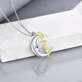 YAFEINI Cat Necklace for Women 925 Sterling Silver Moon Cat Pendant Rose Flower Jewellery Gift for Wife Girl Girlfriend (Moon and yellow cat)
