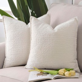 MADIZZ Pack of 2 Chenille Velvet Throw Pillow Covers 16x16 Inch White Soft Neutral Decorative Throw Pillows Accent Boho Cushion Covers for Couch Sofa Modern Farmhouse Home Decor