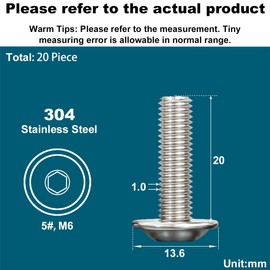 Drenky M6 Screws Stainless Steel, Rounded Head Screws with Flange and Hexalobular Socket M6 x 20 mm Flange Screws Rustproof Stainless Steel A2 V2A Threaded Screws Fully Threaded, Pack of 20
