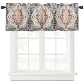 Anzona Curtain Valance 60" x 18", Orange Blue Window Valances Rod Pocket Curtains Drapes, Boho Geometric Middle Century Abstract Western Short Topper Curtain for Kitchen Cafe Living Room, 1 Panel