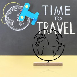 Travel Theme Classroom Metal Globe Decor 5.51 x 6.14 inches, Tabletop World Map Ornament Decor with Wooden Stand, Travel Themed Gifts, Minimalist Shelf Decor, World History,Geography Classroom Decor