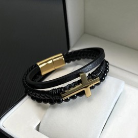 Men's Leather Bracelet - Double Braided Design with Black, Silver & Gold Stainless Steel Cross Pendant - 8.5 Inch Religious Jewelry Gift (Gold)